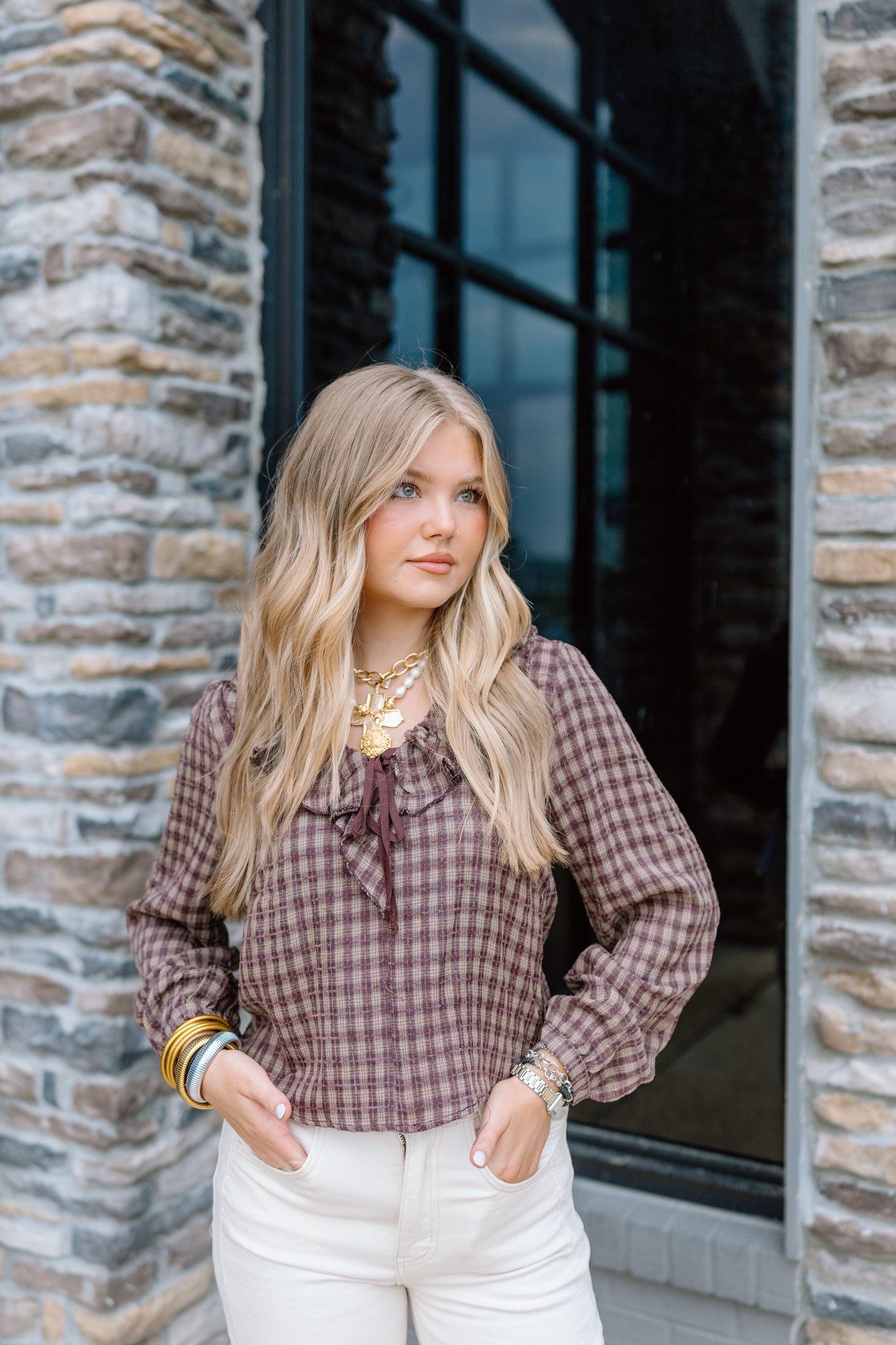 LESLIE GINGHAM RUFFLE BLOUSE