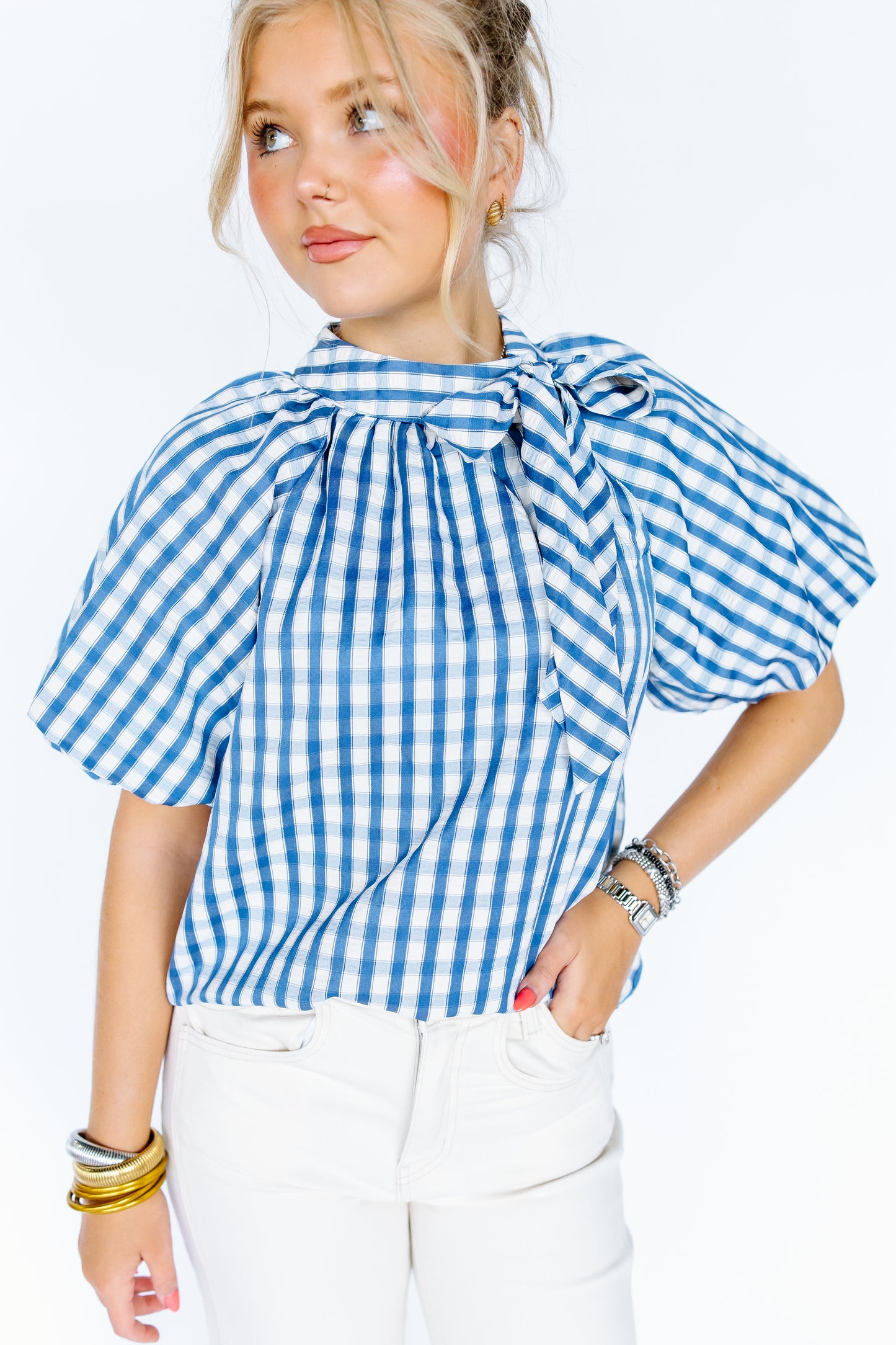 HOLD ON GINGHAM PUFF SLEEVE TOP