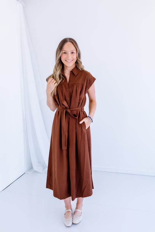 LINEN BELTED MIDI DRESS