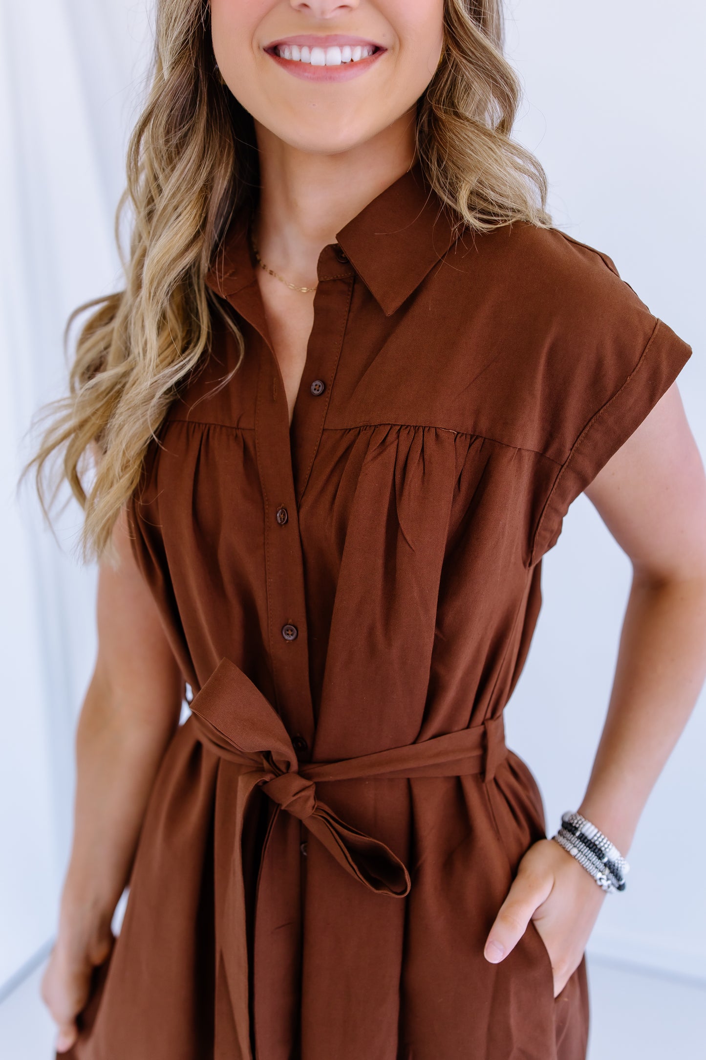 LINEN BELTED MIDI DRESS