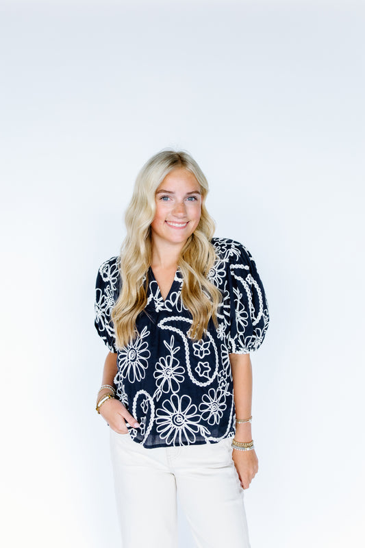 NEVER RETURN FLORAL EMBROIDERED TOP