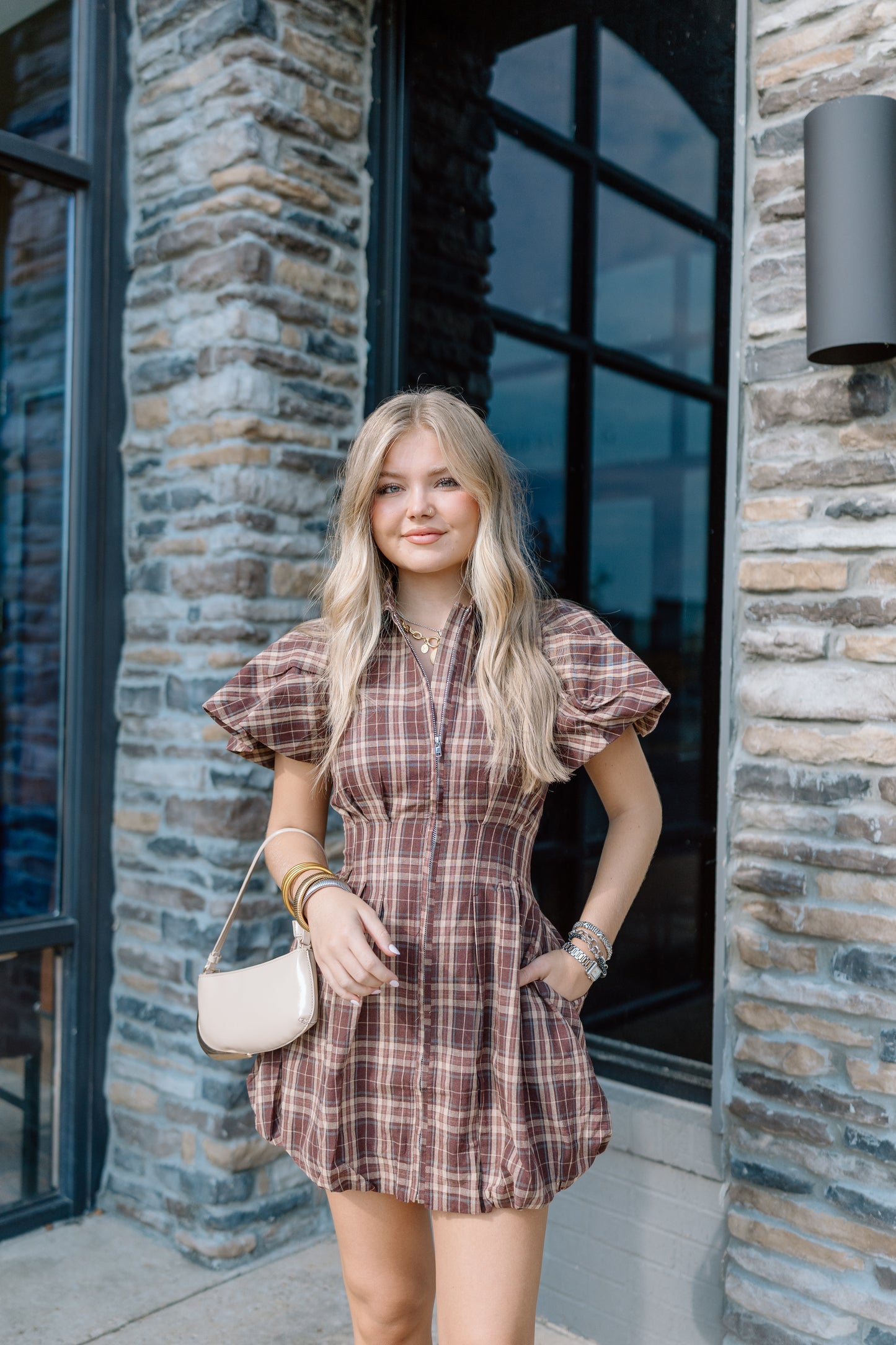 JEAN PLAID BUBBLE MINI DRESS