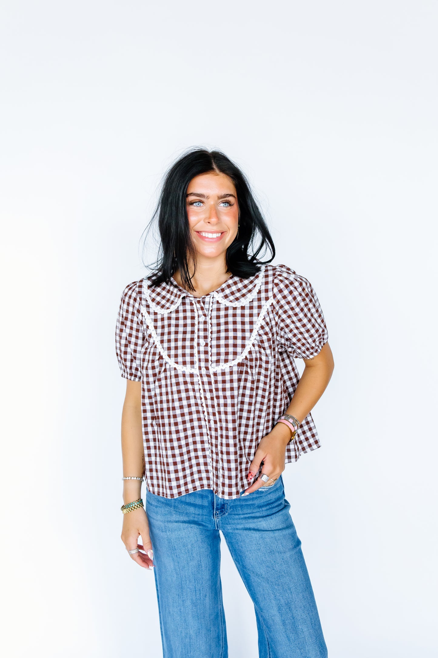 DOING WELL WOVEN GINGHAM LACE TOP