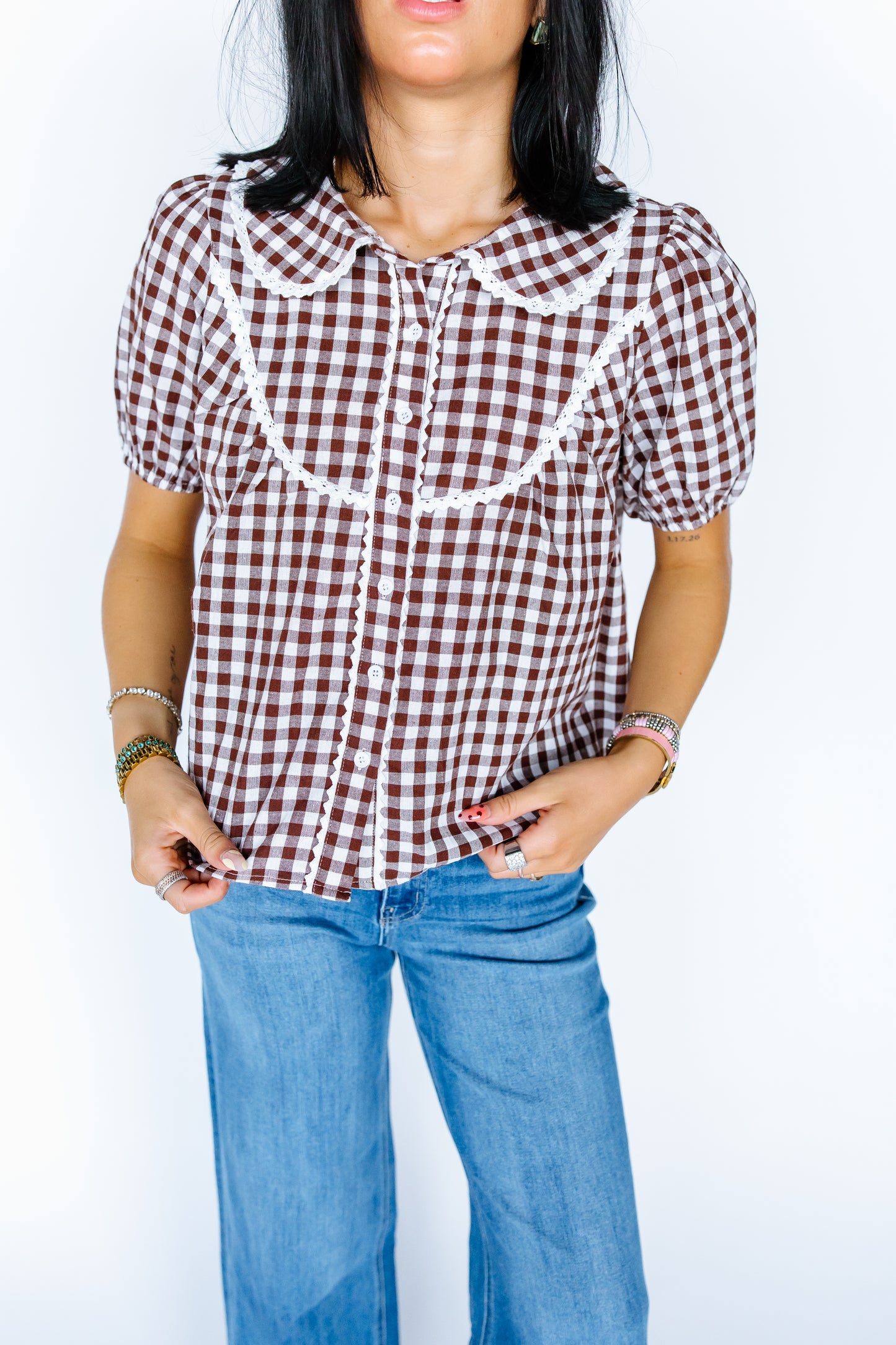 DOING WELL WOVEN GINGHAM LACE TOP