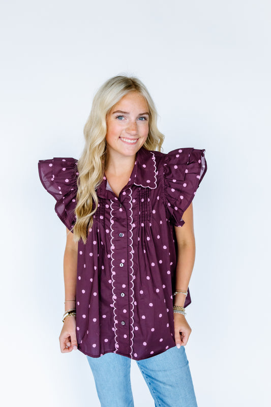 BACK TO YOU RUFFLE POLKA DOT TOP