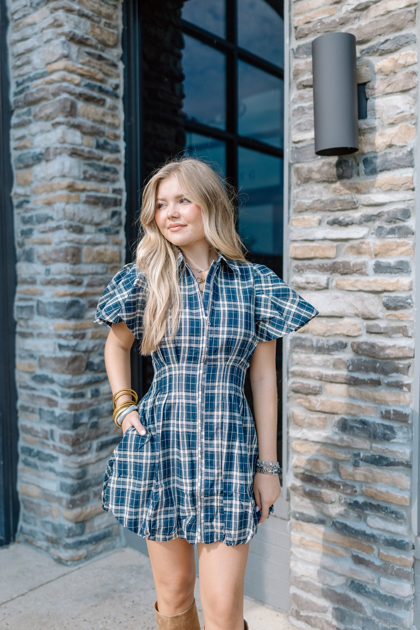 JEAN PLAID BUBBLE MINI DRESS