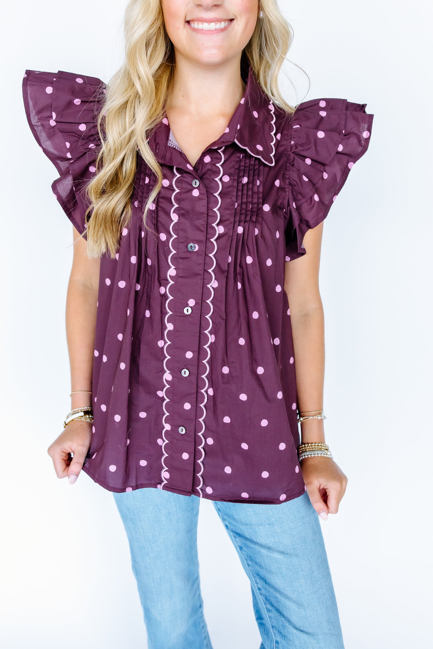 BACK TO YOU RUFFLE POLKA DOT TOP