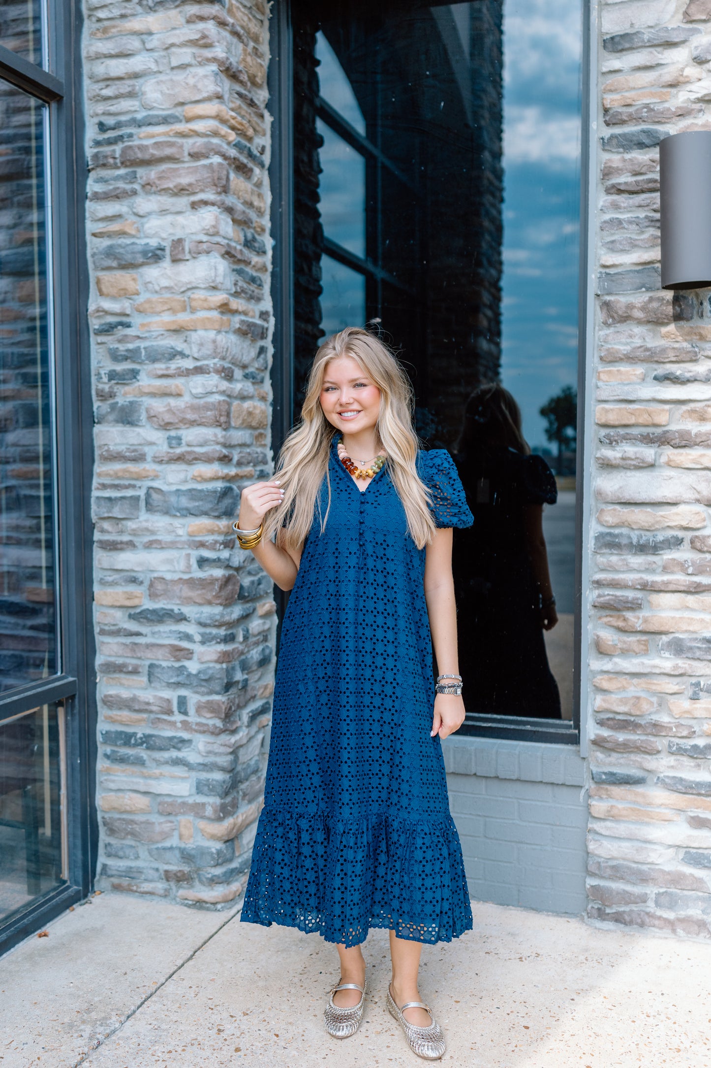 HOW GREAT EYELET MIDI DRESS