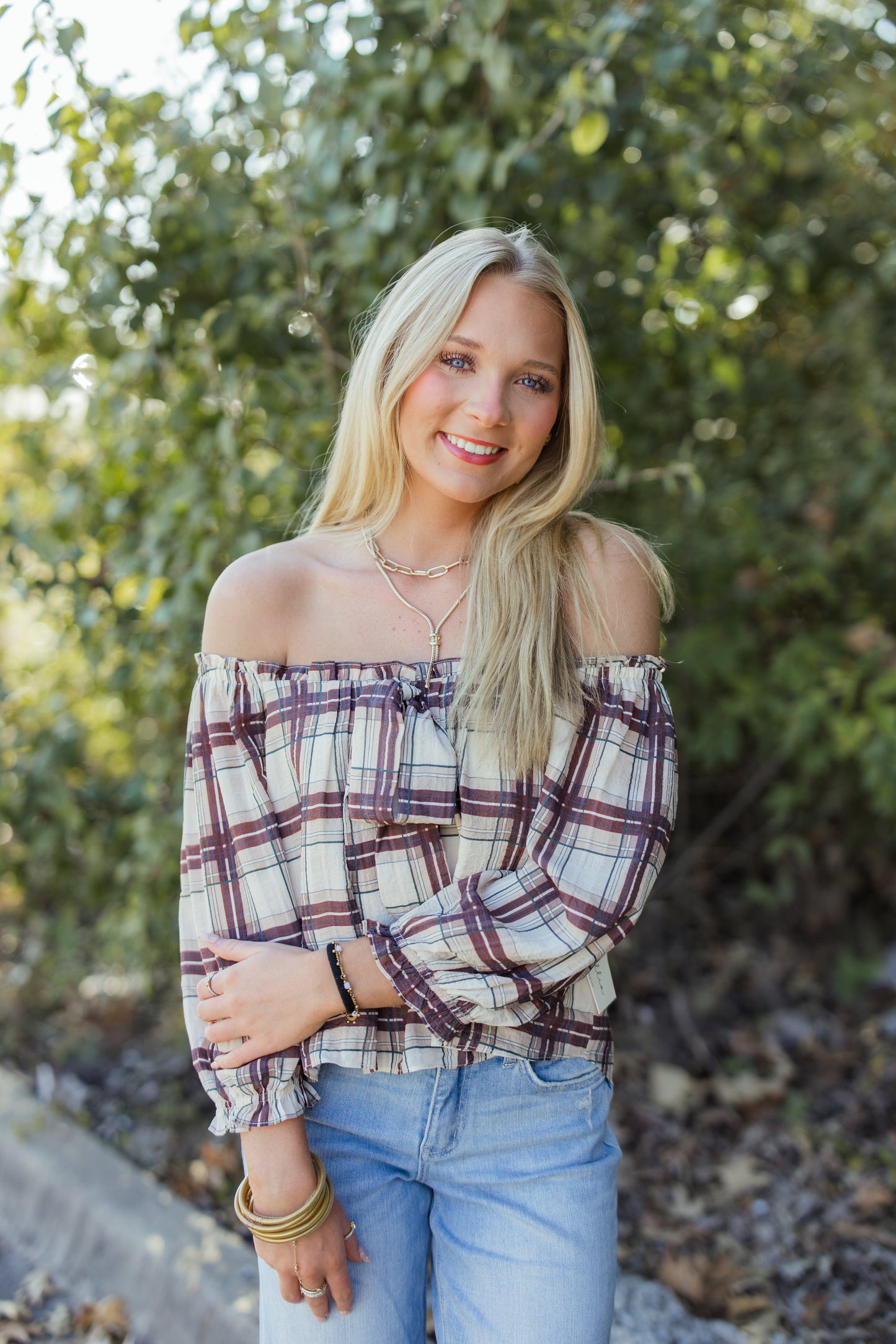 PLAID PRINT OFF THE SHOULDER BLOUSE
