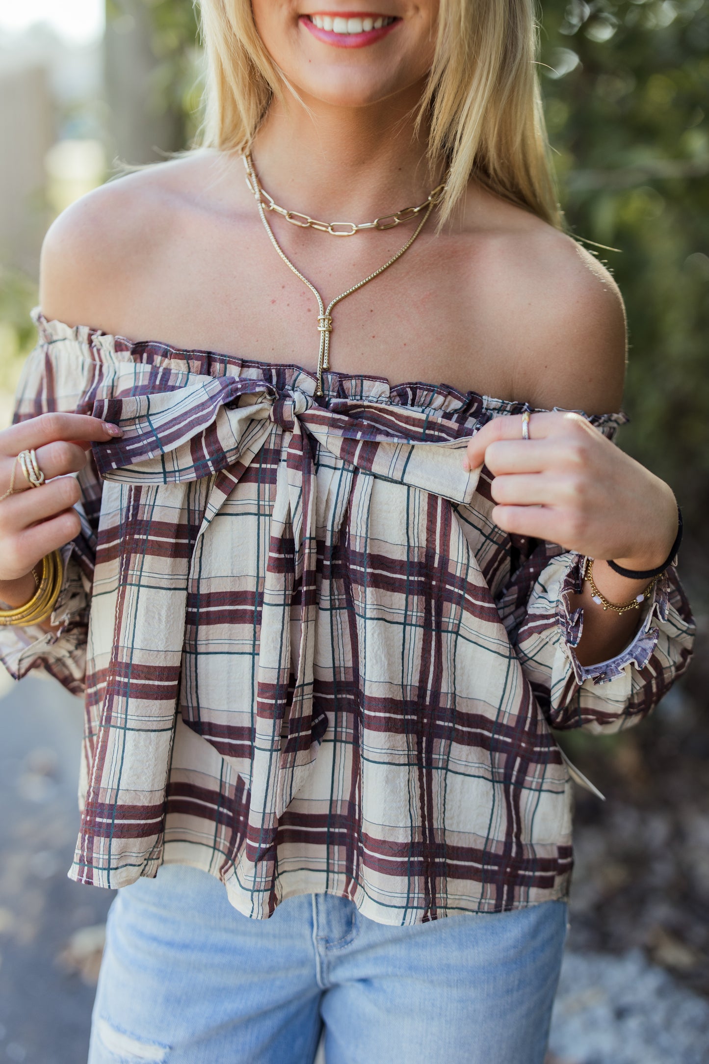 PLAID PRINT OFF THE SHOULDER BLOUSE