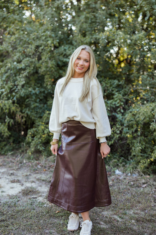 PLEATHER HIGH WAISTED MIDI SKIRT