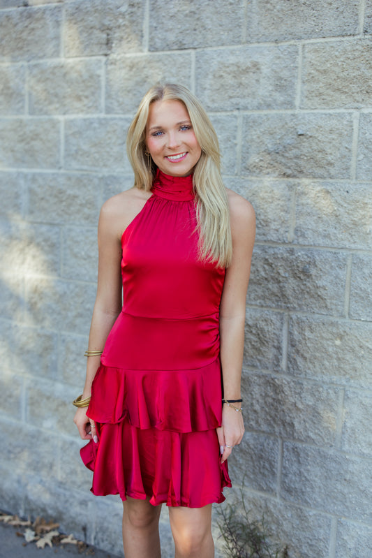 SATIN HIGH NECKLINE MINI DRESS