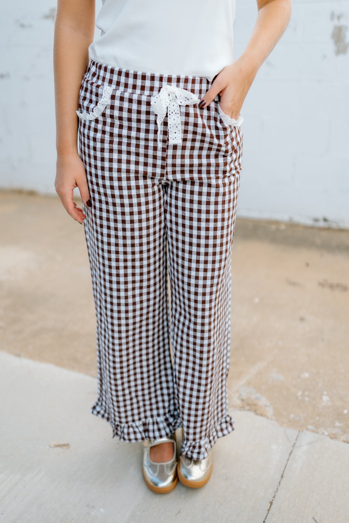 GINGHAM LACE RUFFLED PANTS
