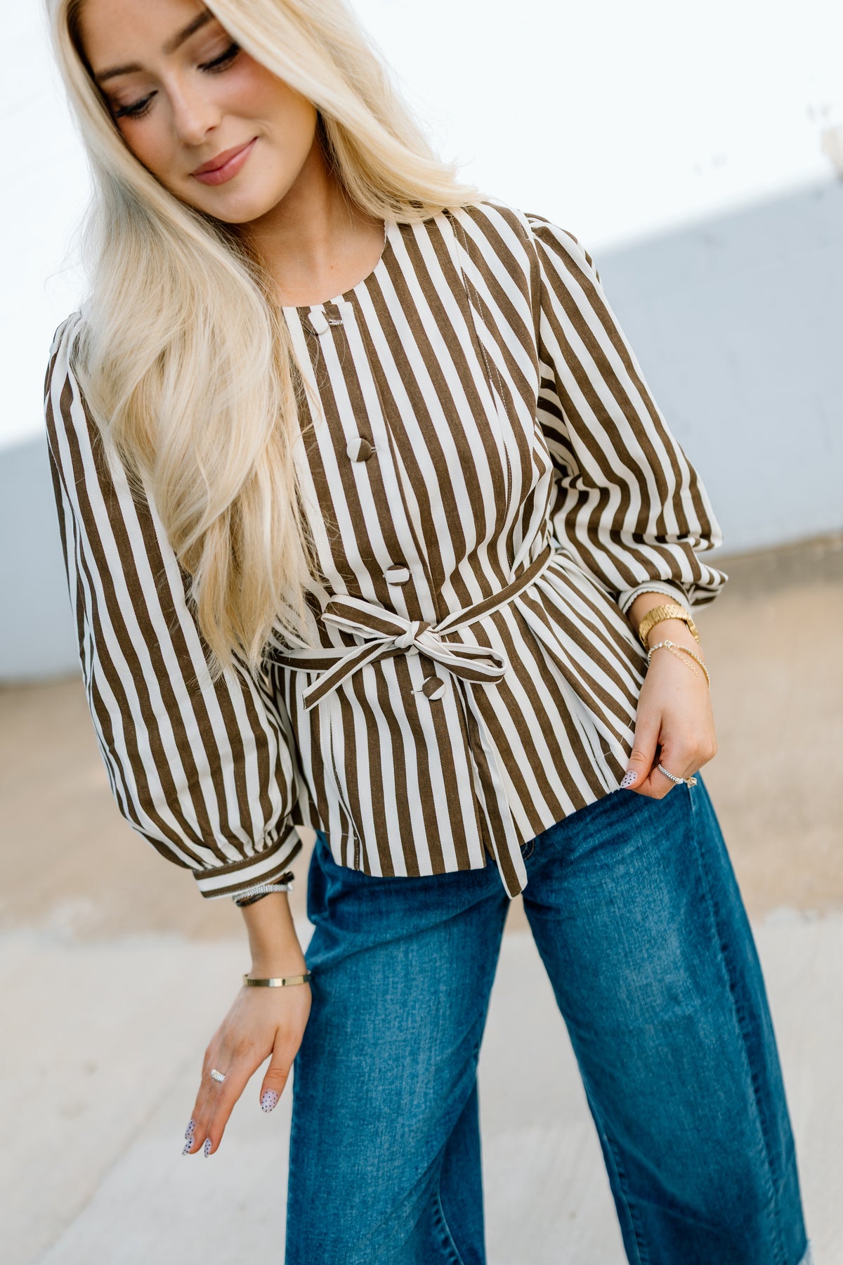 BENICA STRIPED BELTED BLOUSE