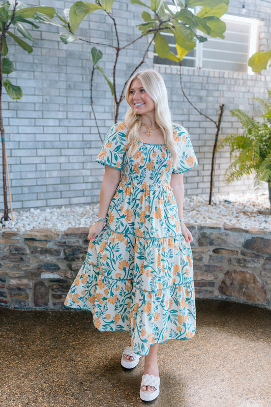 GREEN TEA FLORAL MIDI DRESS