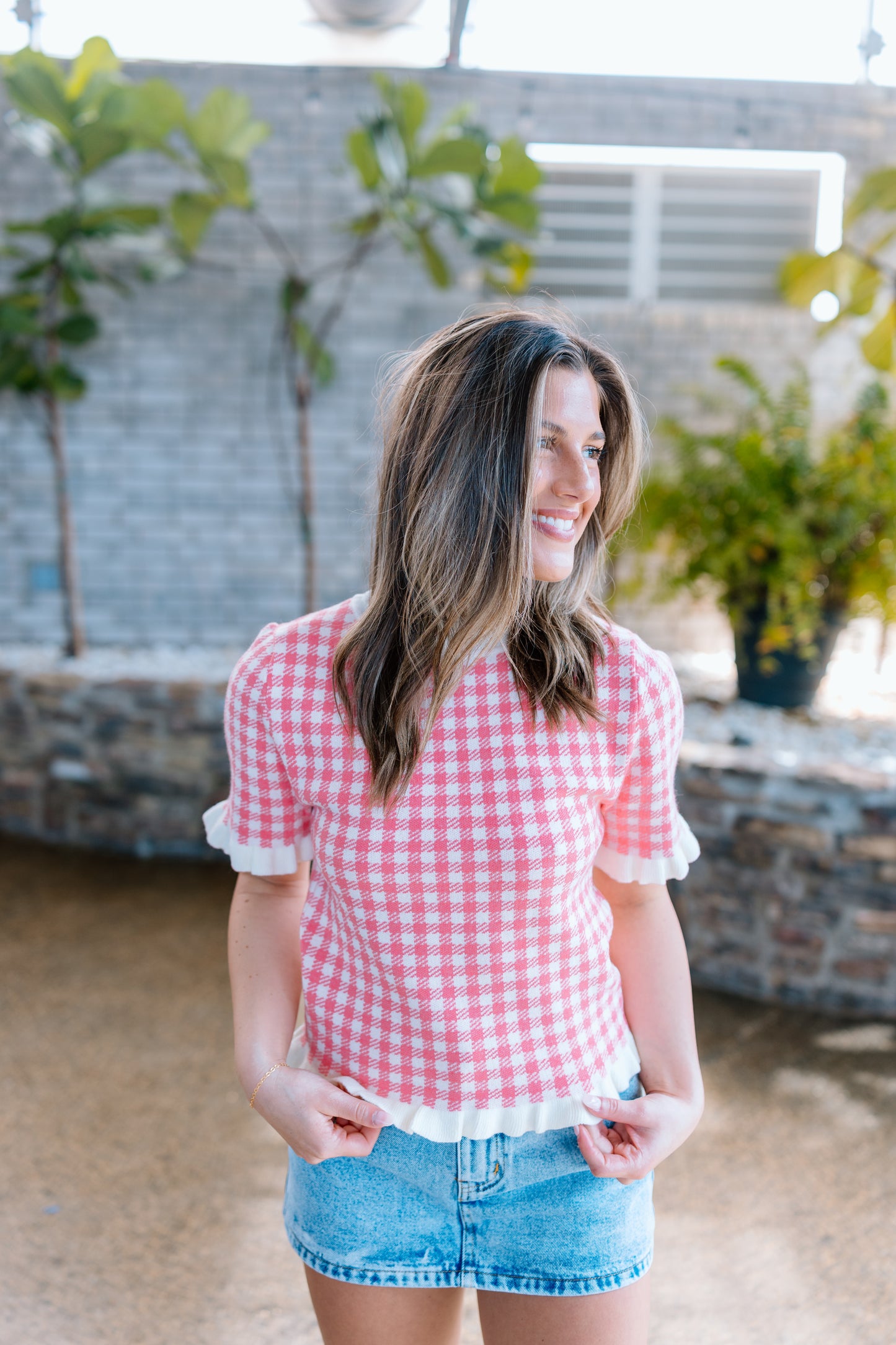 KARA GINGHAM RUFFLE SWEATER