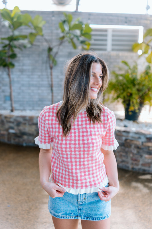 KARA GINGHAM RUFFLE SWEATER