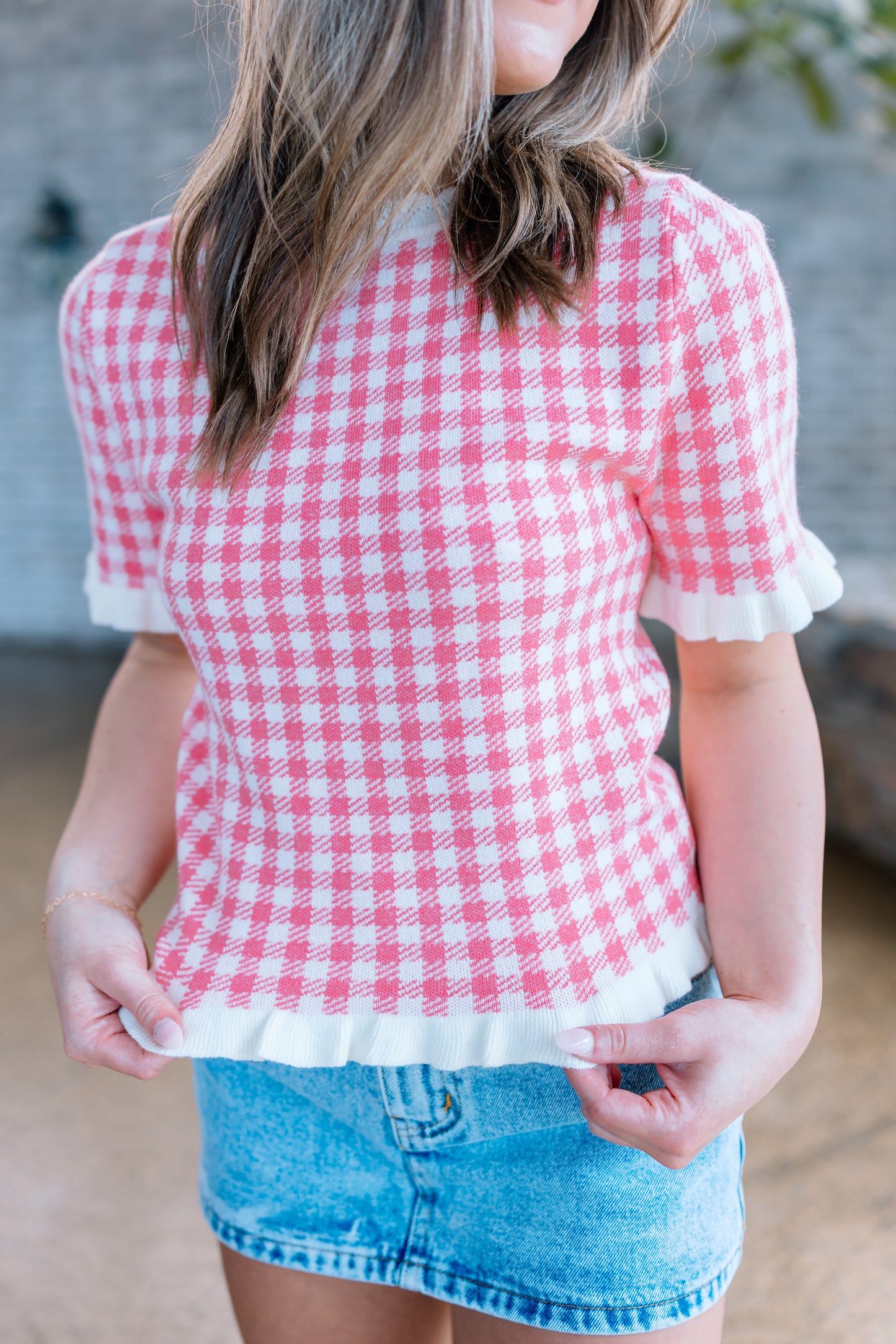 KARA GINGHAM RUFFLE SWEATER