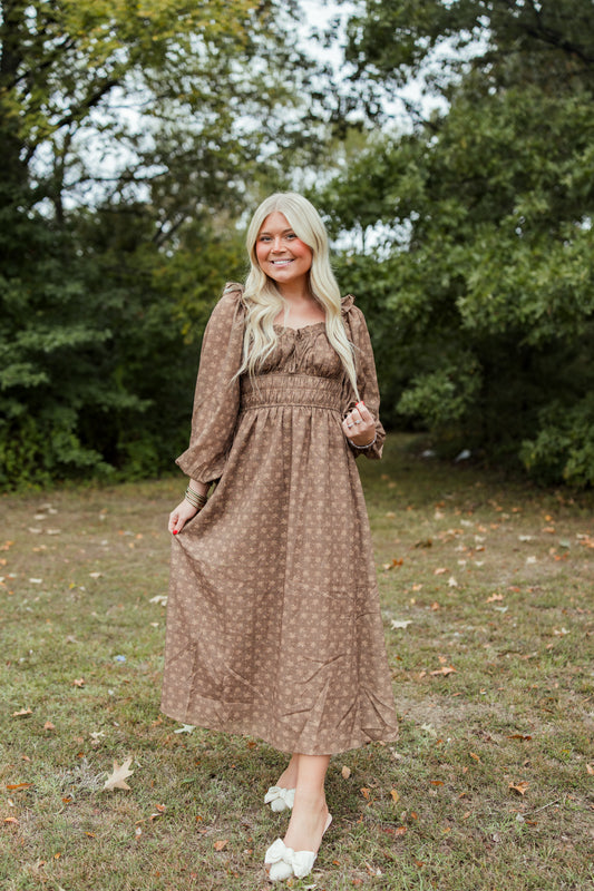 LEAVES TURNING SMOCKED LONG SLEEVE MIDI DRESS