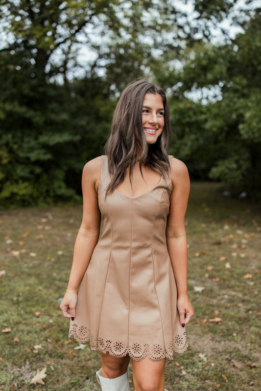 FAUX LEATHER SCALLOP MINI DRESS