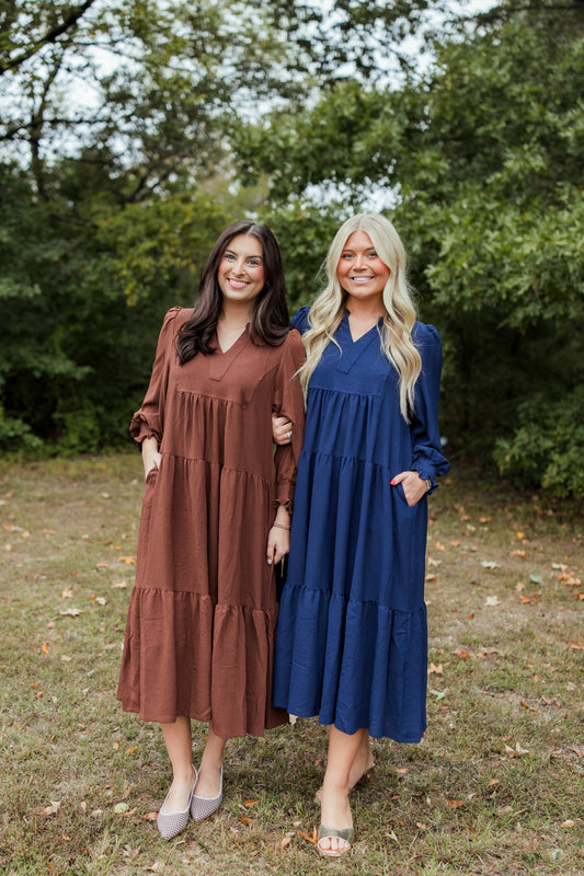 TIERED SMOCKED CUFF MIDI DRESS