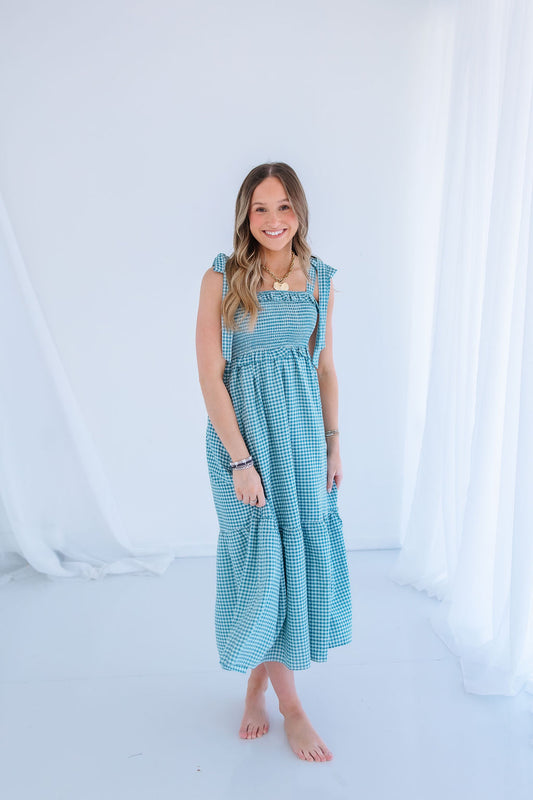 SMOCKED GINGHAM MIDI DRESS