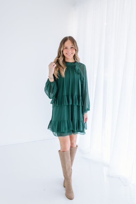 LONG SHEER RUFFLE MINI DRESS