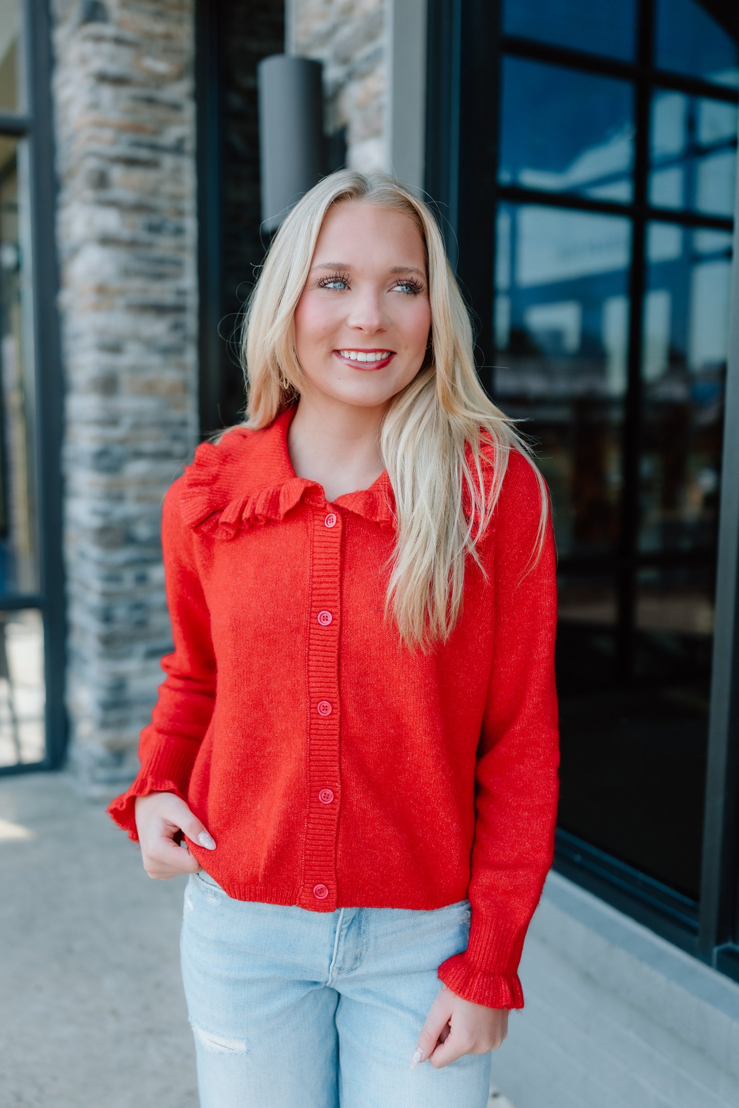 FEELING MERRY RUFFLECOLLAR CARDIGAN