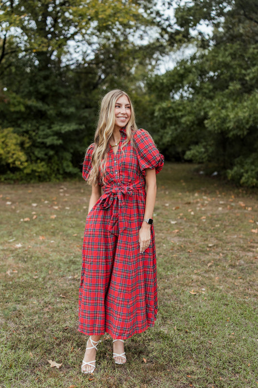 MERRY AND BRIGHT PUFF SLEEVE MIDI DRESS