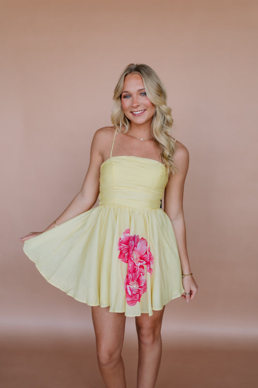 YELLOW SLEEVELESS FLORAL PRINT MINI DRESS