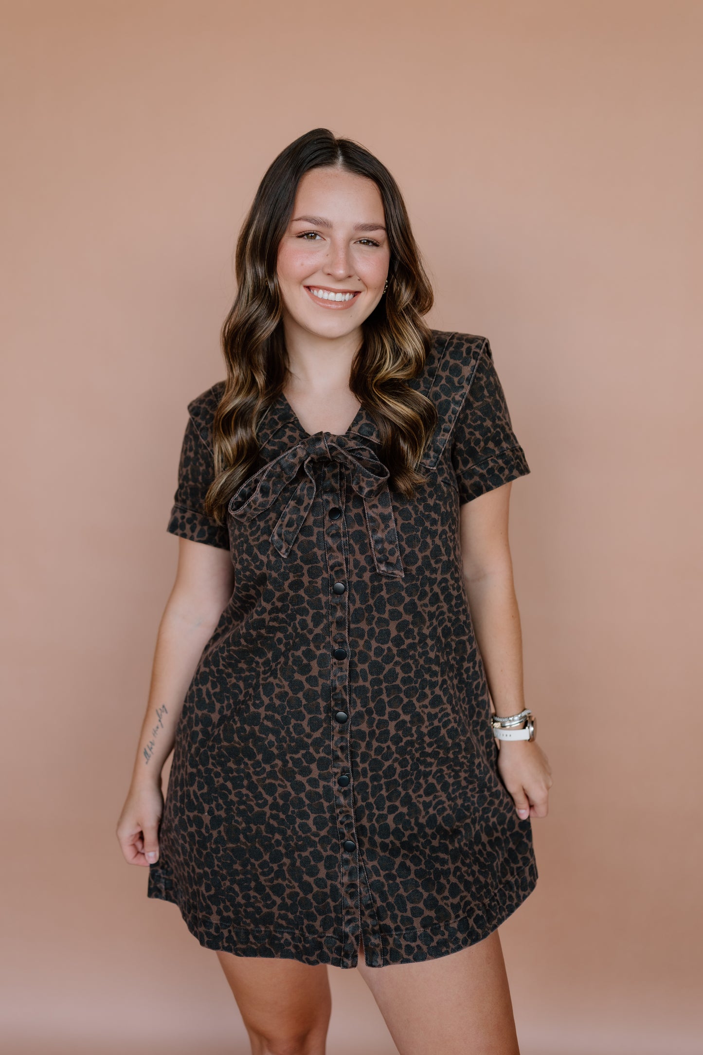 LEOPARD TIE MINI DENIM DRESS