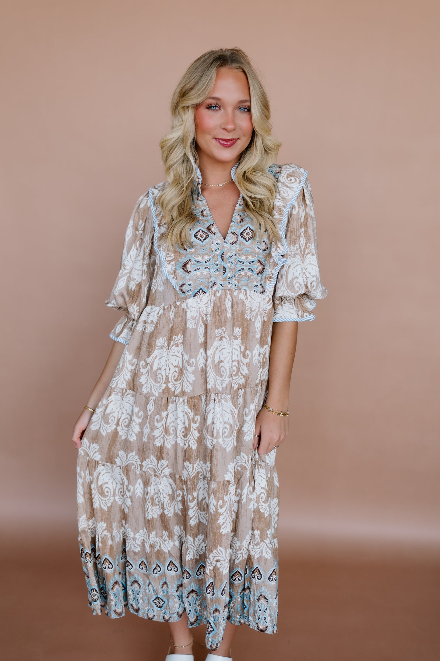 CONTRAST TIERED MIDI DRESS