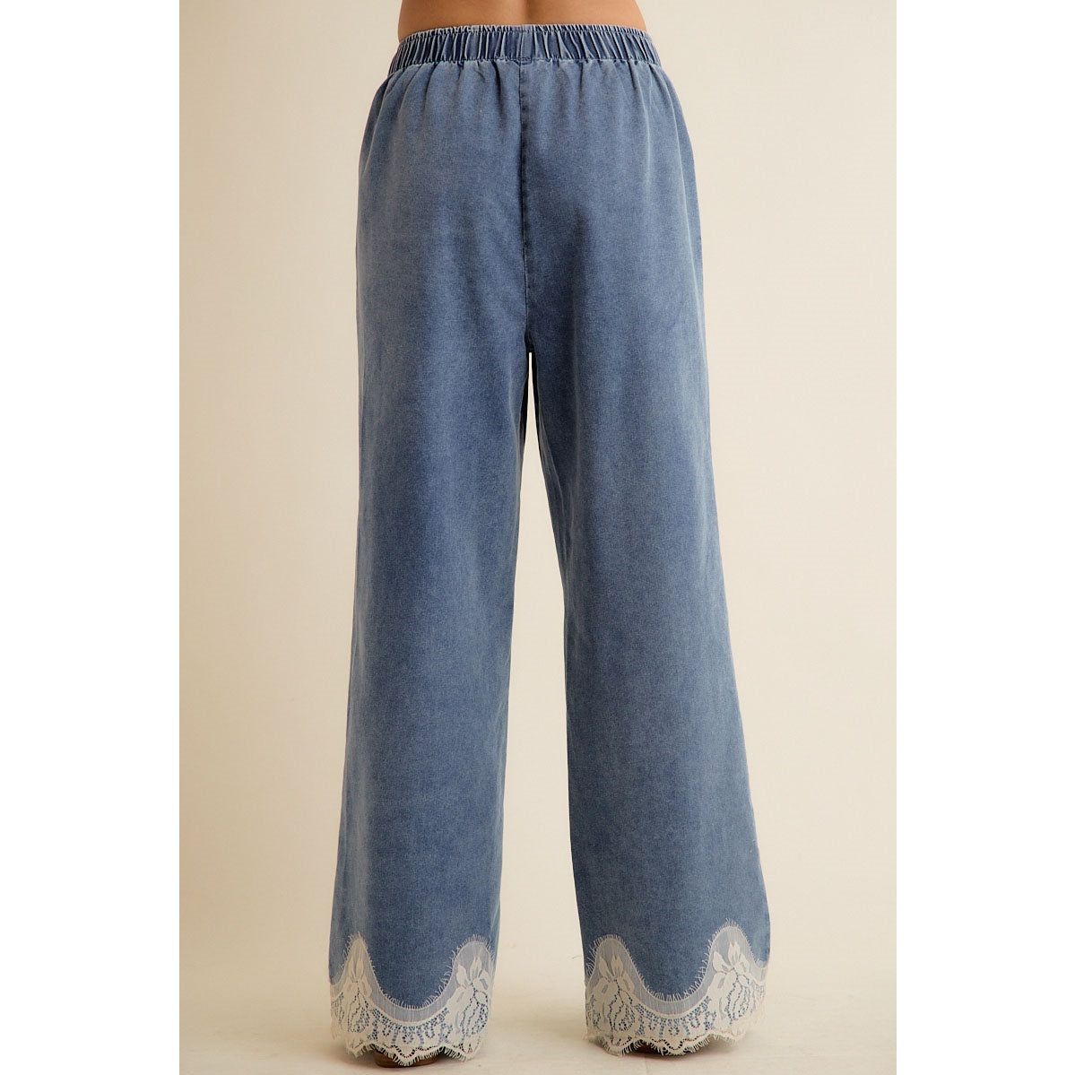 LACE TRIM WIDE LEG DENIM PANTS