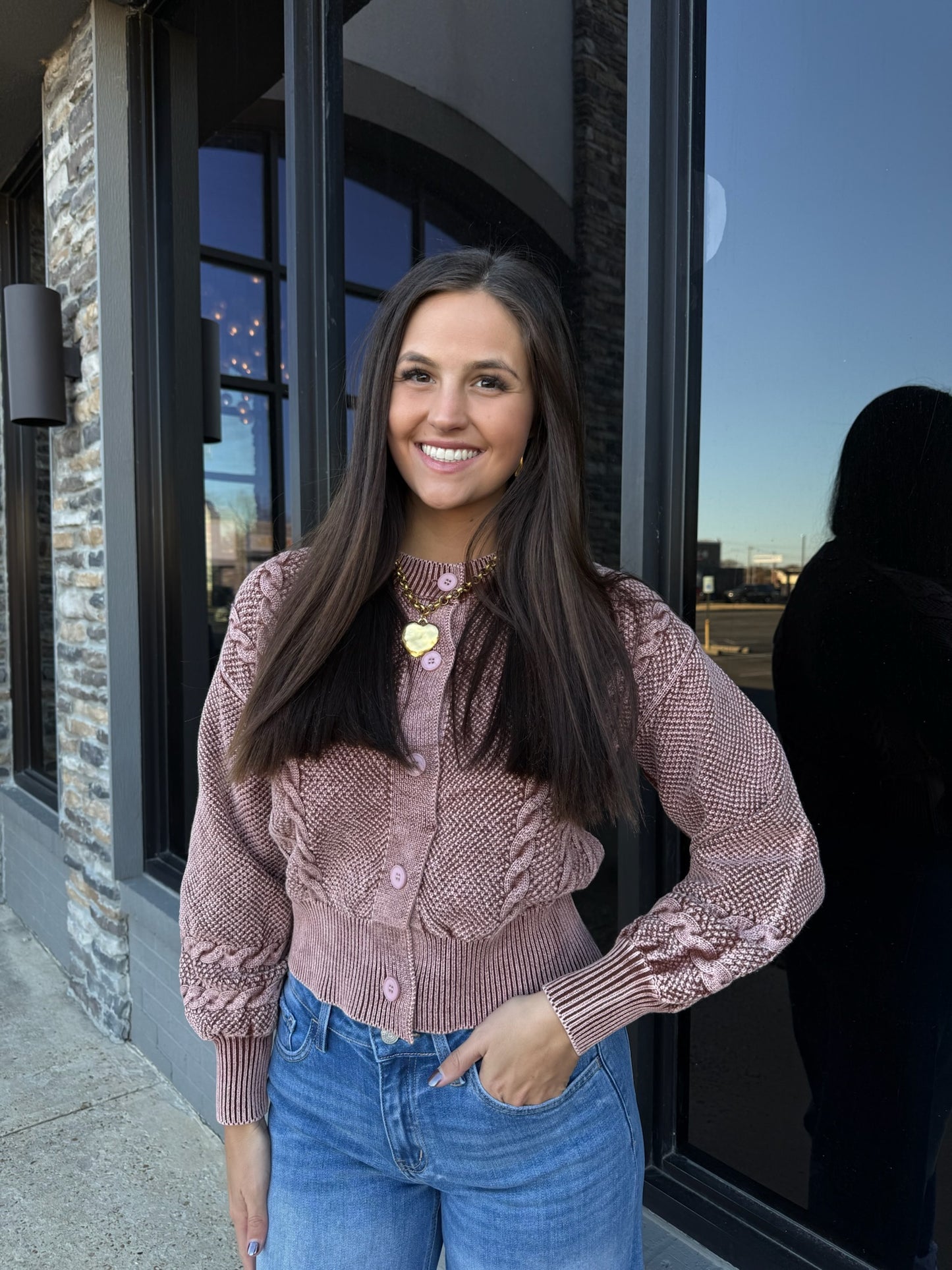 WASHED BLENDED CABLE KNIT CARDIGAN