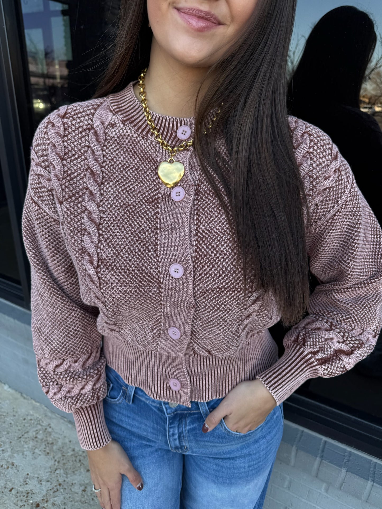 WASHED BLENDED CABLE KNIT CARDIGAN