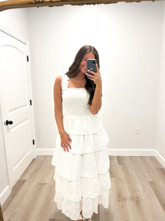 BELIEVE IN ME EYELET RUFFLE MAXI DRESS