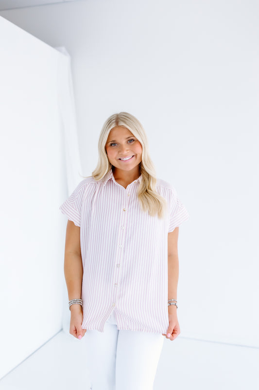 SCALLOP BUTTON DOWN SHIRRING TOP