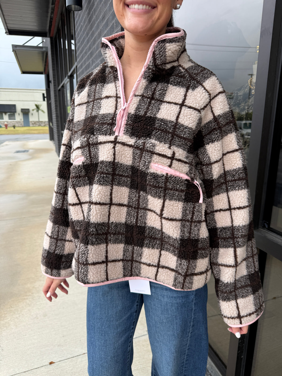 PLAID SHERPA HALF ZIP
