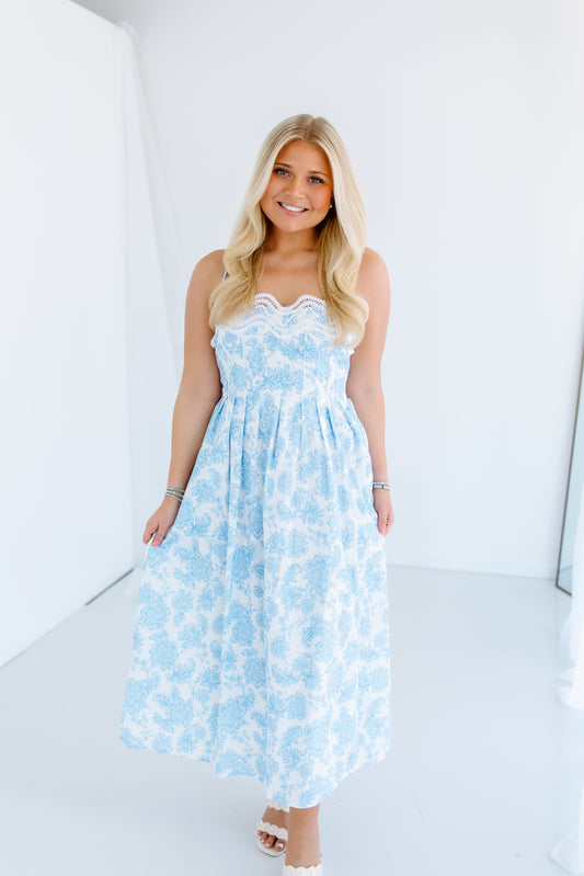BLUE BOTANICAL GARDEN MIDI DRESS