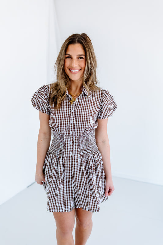 BROWN GINGHAM SMOCKED ROMPER