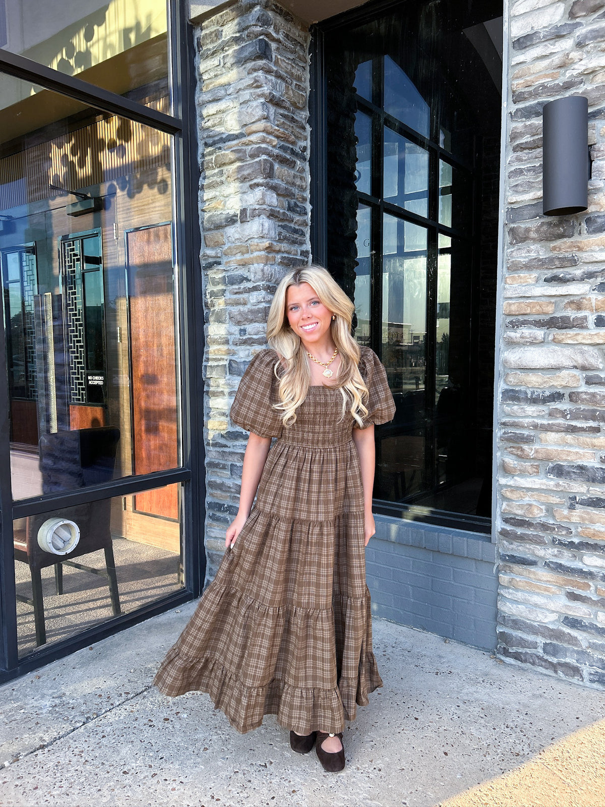 BROWN PLAID SMOCKED MIDI DRESS