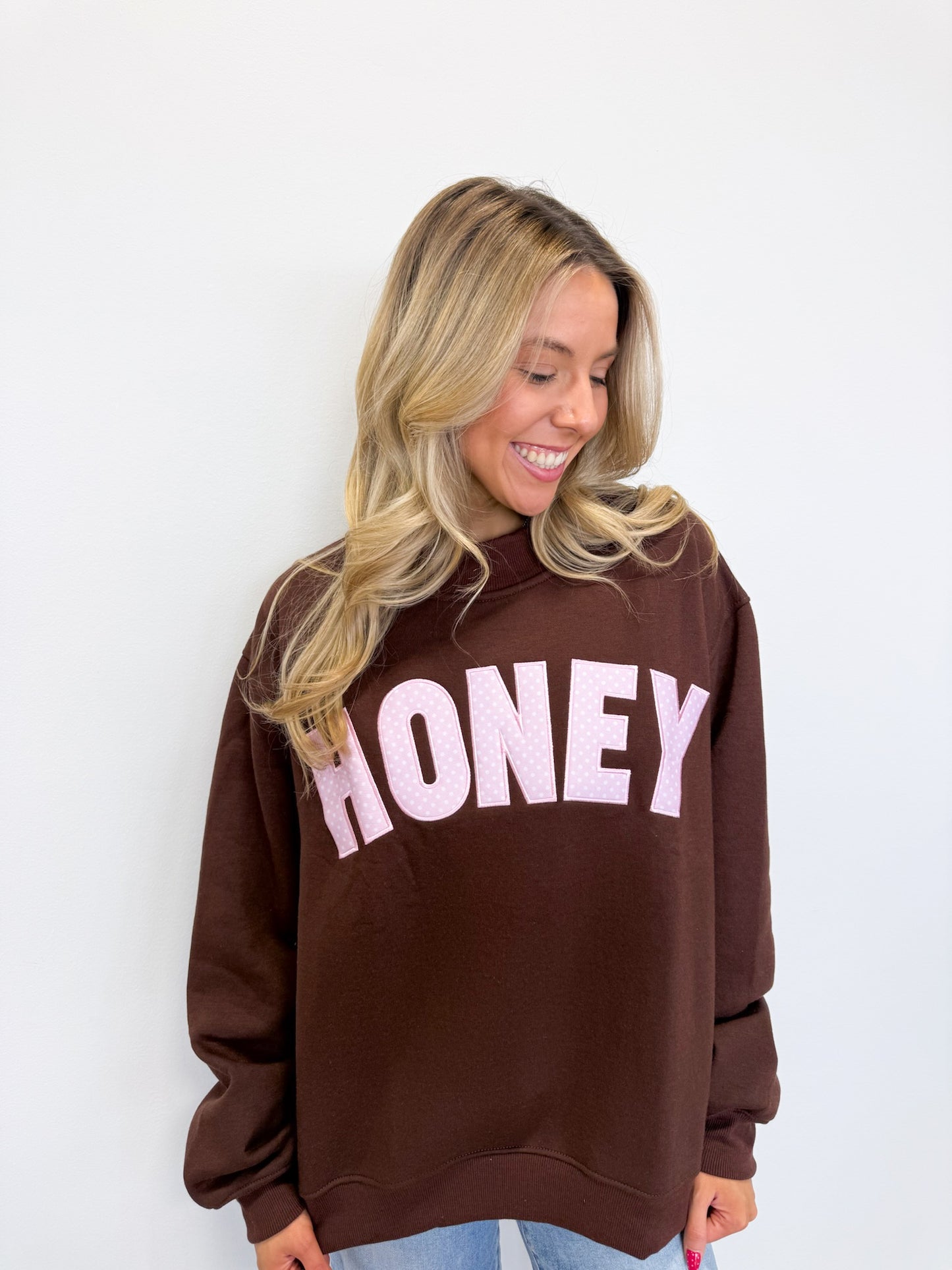 HONEY PINK AND BROWN POLKA DOT MOCKNECK