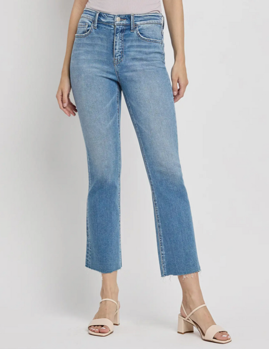 HIGH RISE RAW HEM CROP FLARE JEAN