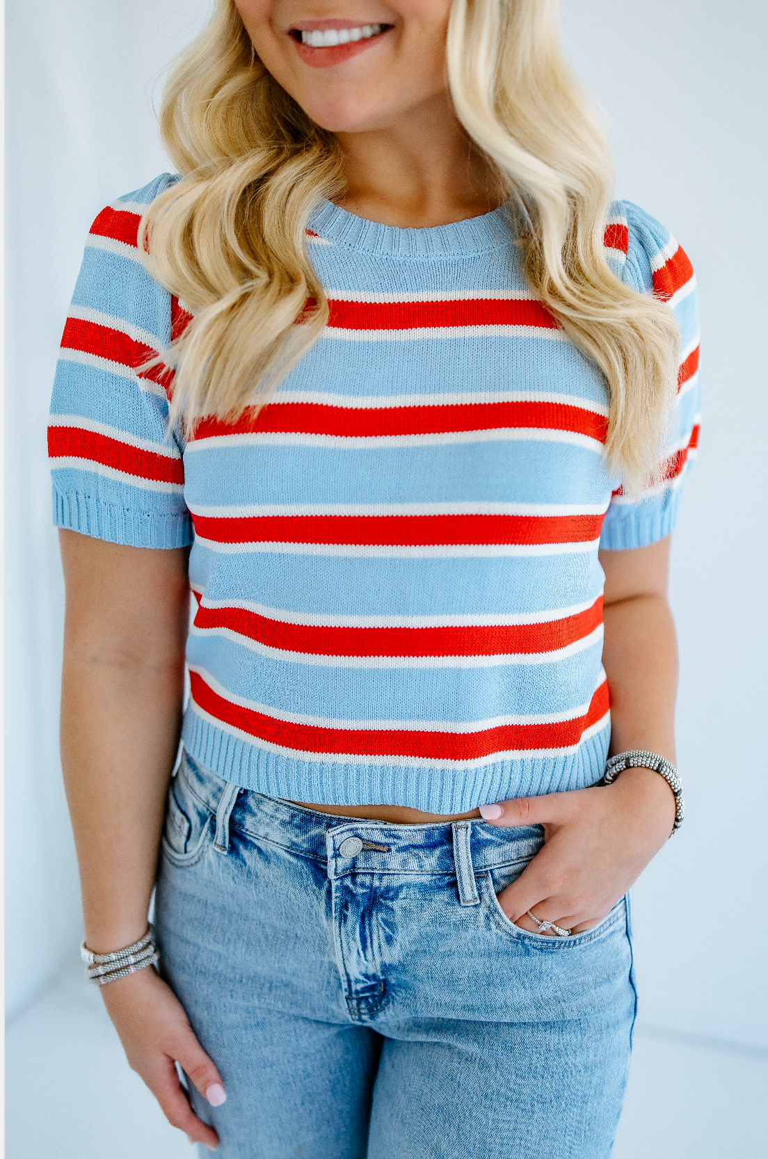 STRIPE BUTTON DOWN PUFF SLEEVE TOP