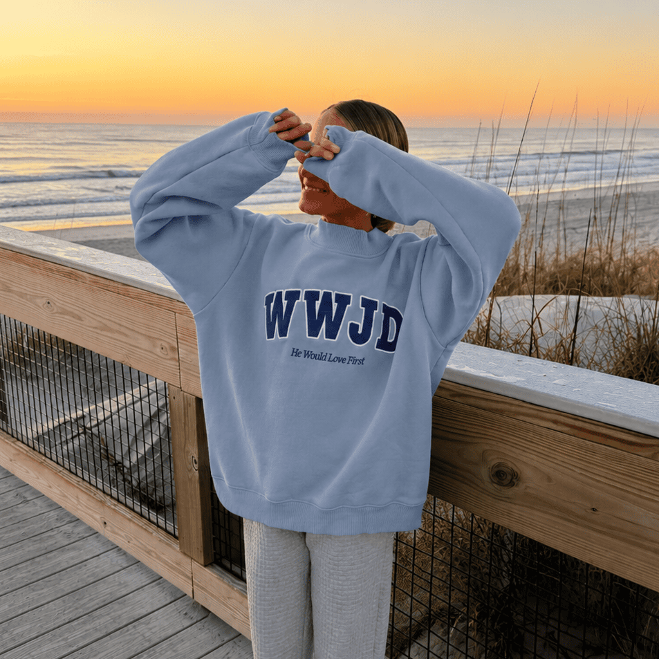 WWJD BLUE AND NAVY HEAVY WEIGHT MOCKNECK CREW
