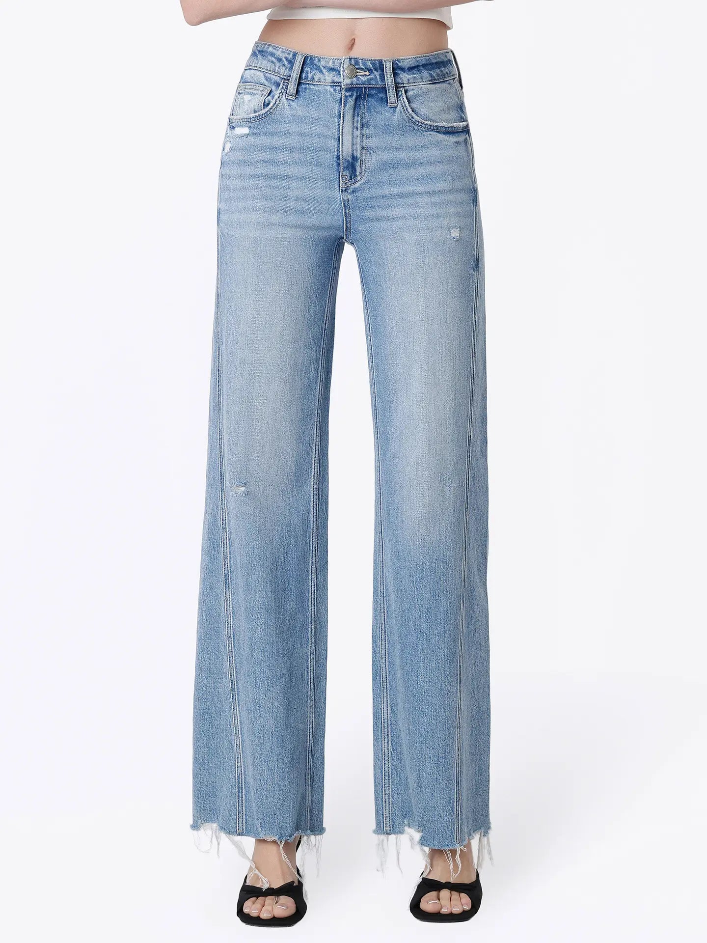 HIGH RISE DETAILED SEAM DISTRESSED WIDE JEANS