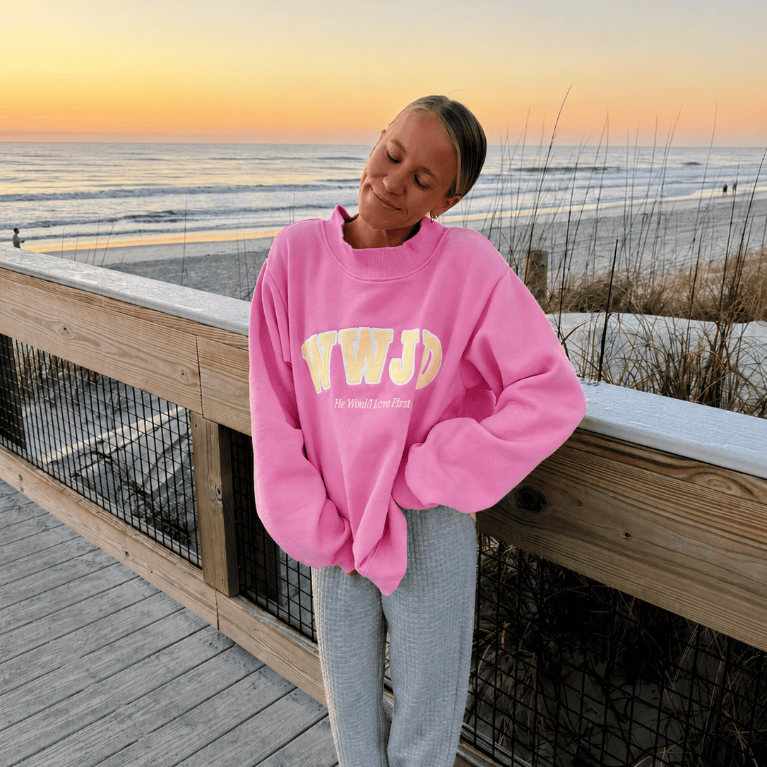 WWJD PINK AND YELLOW HEAVY WEIGHT MOCKNECK CREW