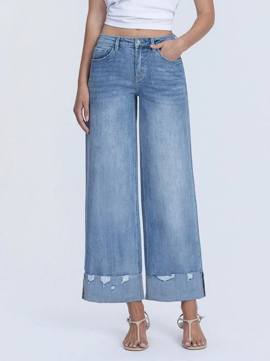 HIGH RISE MEDIUM WASH CUFFED WIDE JEANS
