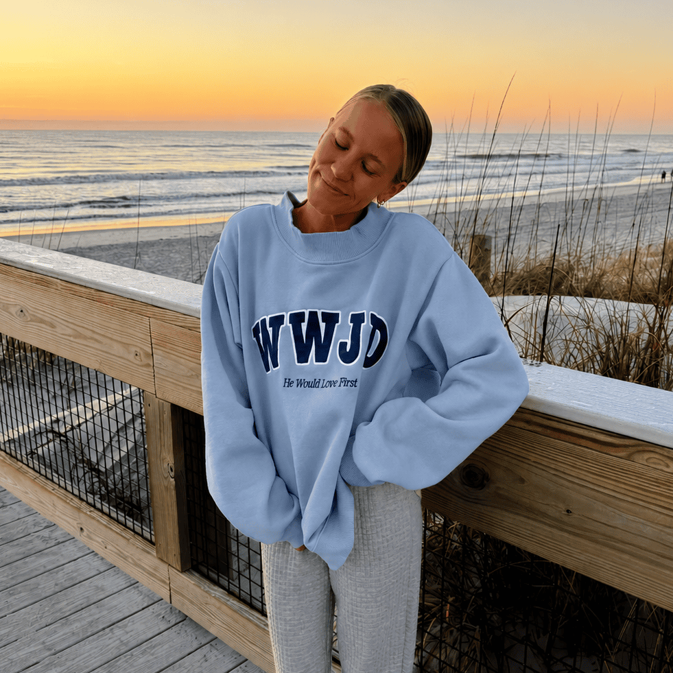 WWJD BLUE AND NAVY HEAVY WEIGHT MOCKNECK CREW