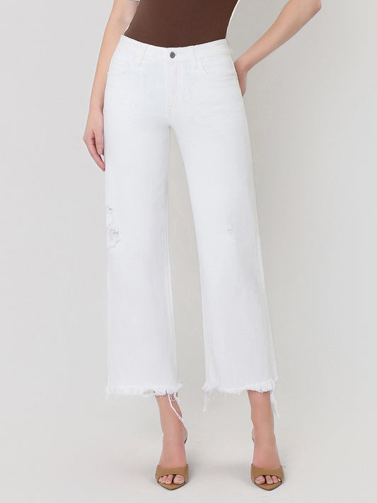 HIGH RISE UNEVEN RAW HEM WIDE JEANS